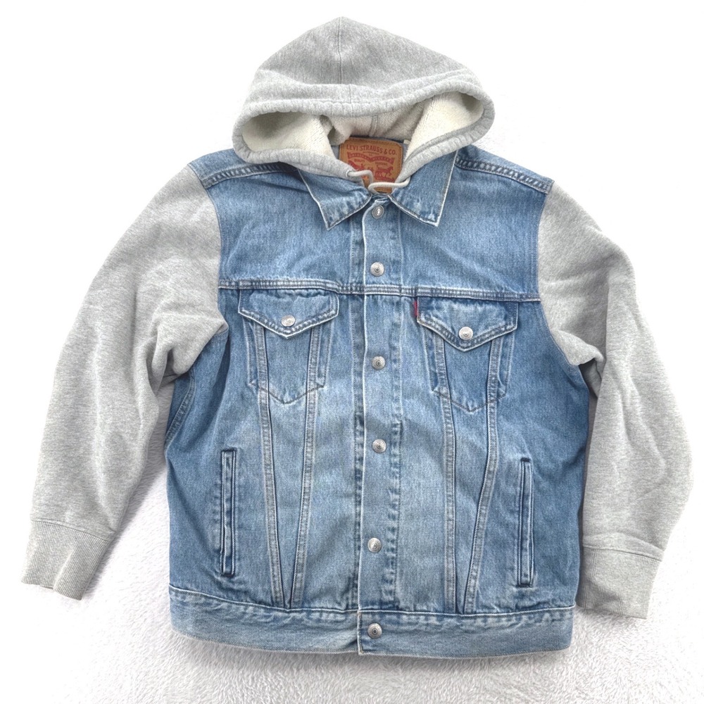Levi's Trucker Denim Jacket Women's Small Blue Grey Mixed Media Hooded Relaxed